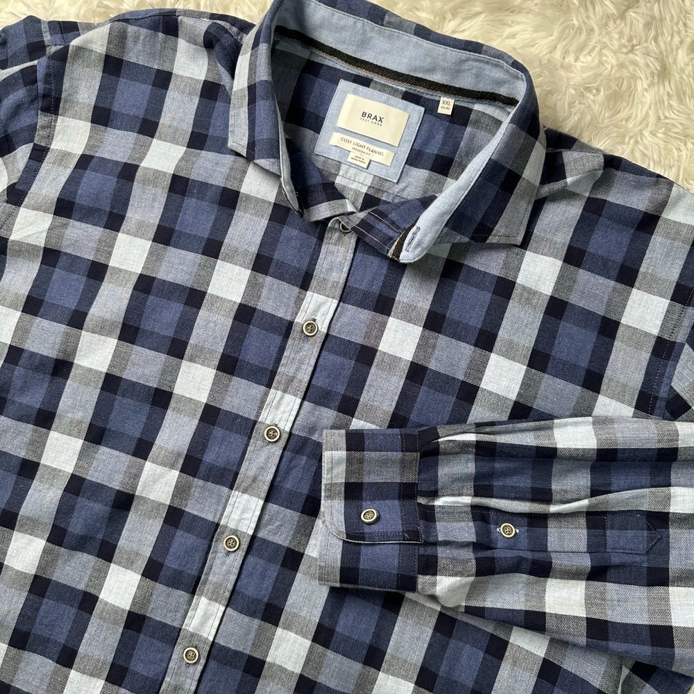 BRAX Feel Good Cosy Light Flannel Shirt Men's XXL Blue Plaid Modern Fit